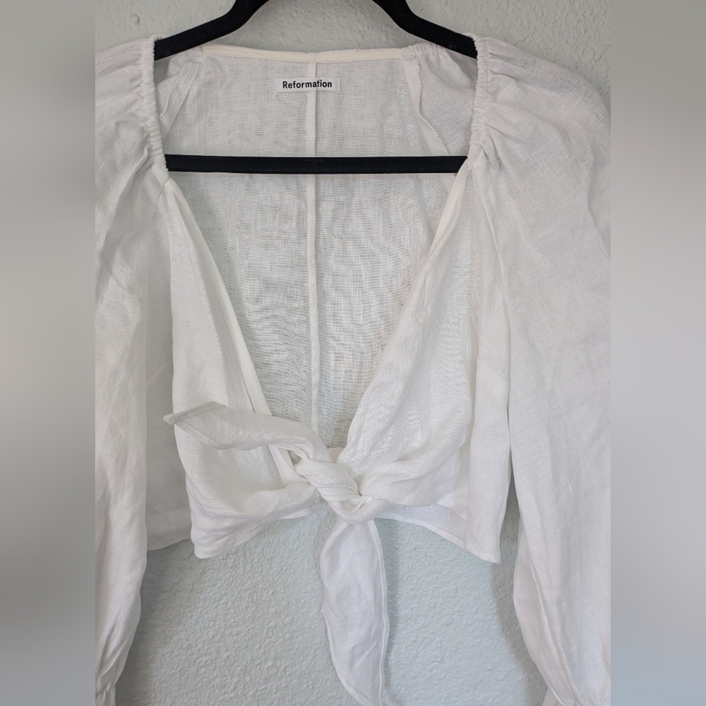 Reformation Linen Tie Front Flutter Sleeve Blouse - image 3